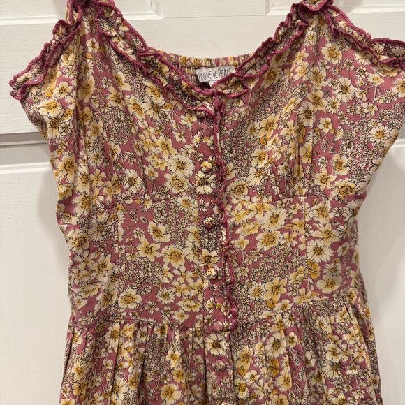 Patrons of Peace Floral Maxi Dress Small Pink Yellow Boho Smocked Tiered Button - Picture 3 of 13